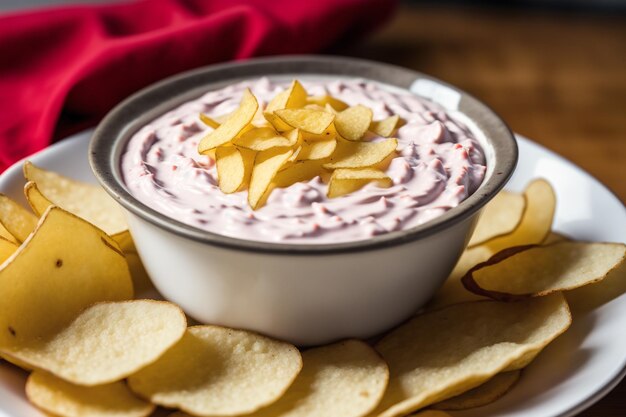 A bowl of creamy fruit dip with a red napkin on the side.