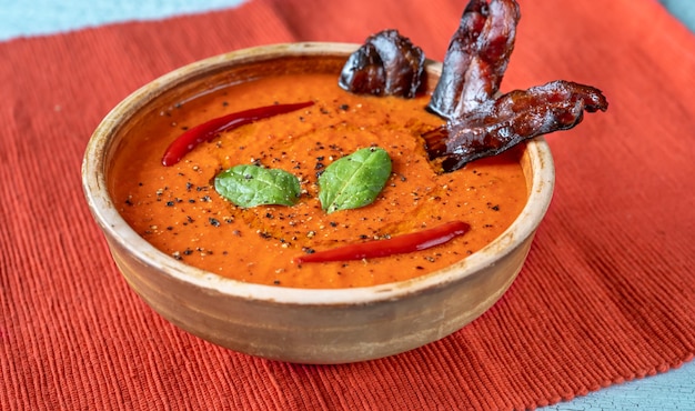 Bowl of creamy grilled red pepper soup