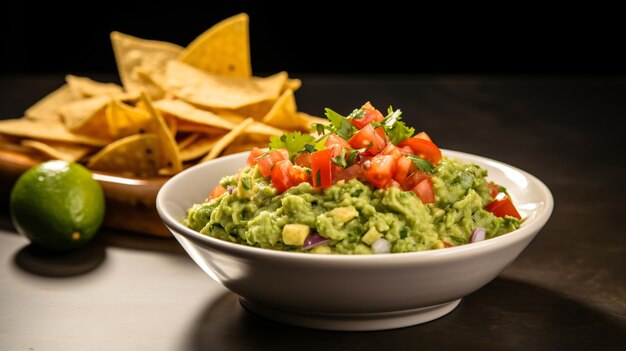 Photo a bowl of creamy guacamole with avocado tomato cilantro