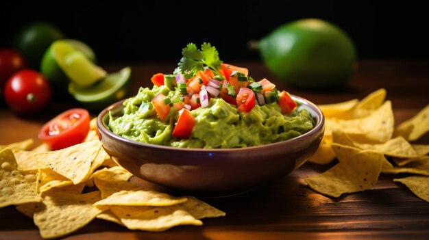 A bowl of creamy guacamole with avocado tomato cilantro