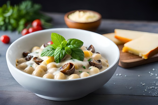 A bowl of creamy mushroom soup with a sprig of basil on the side.