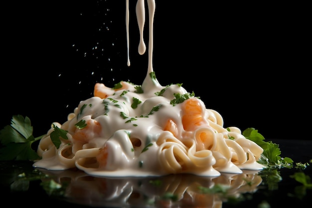 A bowl of creamy pasta with a sauce dripping off of it