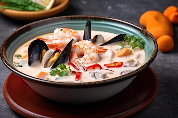 Photo bowl of creamy seafood soup with colorful mix of mussels clams and shrimp