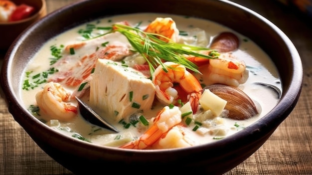 a bowl of creamy seafood soup