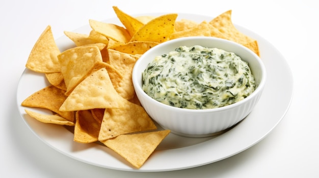 A bowl of creamy spinach and artichoke dip with tortilla chips