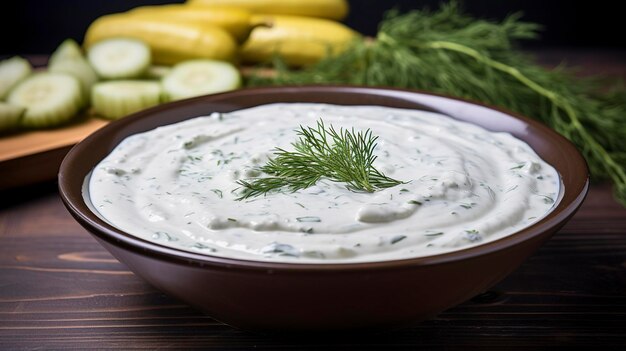 A bowl of creamy tzatziki sauce with a sprinkle of fresh dill