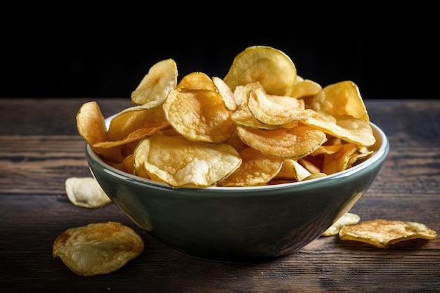 Чаша хрустящих и соленых картофельных чипсов готова к употреблению