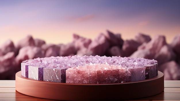 A bowl of crystals with a purple and blue background.