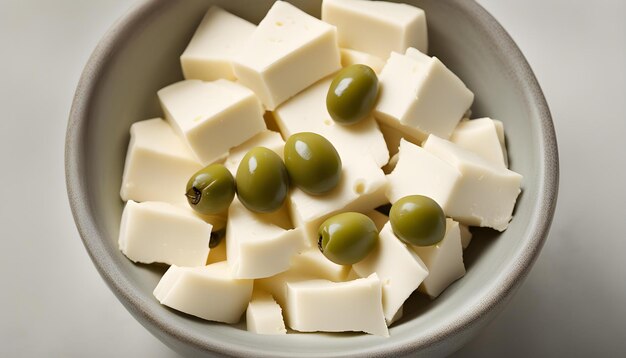 Photo a bowl of cubes of tofu and kiwi cubes