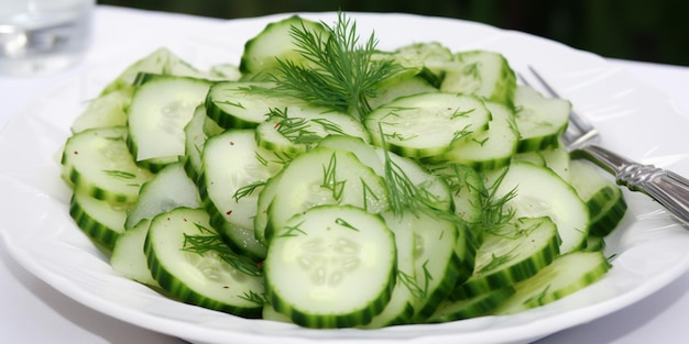 A bowl of cucumbers with dill on top