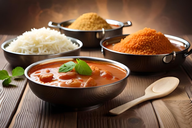 A bowl of curry next to two bowls of rice and a spoon.