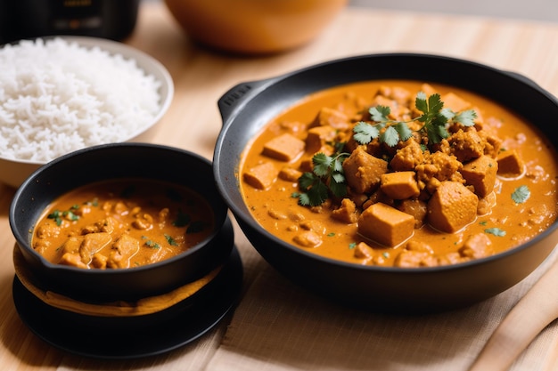 A bowl of curry with a bowl of rice and a bowl of tofu