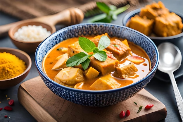 A bowl of curry with a piece of tofu on top