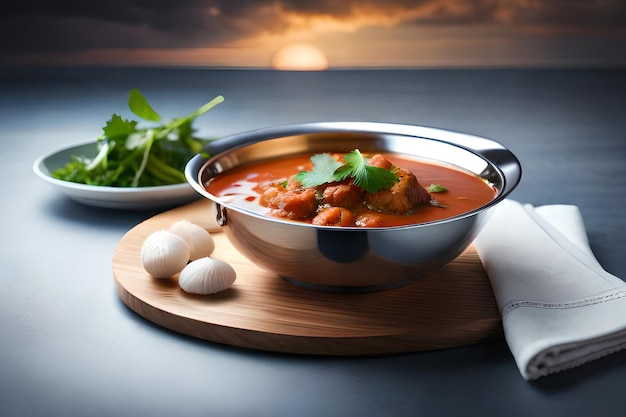 A bowl of curry with a plate of garlic and cilantro on the side.