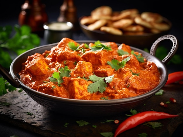 a bowl of curry with a red pepper on the side.