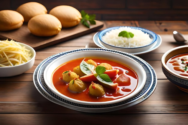 A bowl of curry with rice and a plate of rice