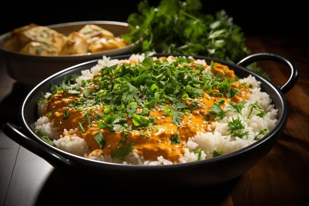 Foto una ciotola di curry con riso e un cucchiaio sul lato