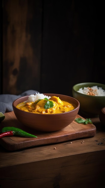 A bowl of curry with rice on a wooden board