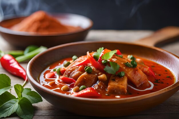 A bowl of curry with a spoon and a bowl of red curry.