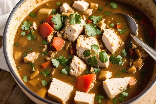 A bowl of curry with tofu and tofu