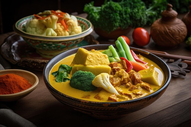 A bowl of curry with a variety of vegetables on the table.