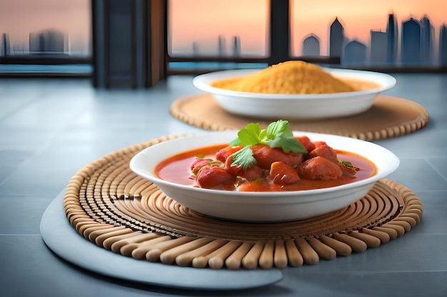 A bowl of curry with a view of the city in the background