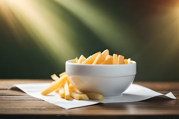 A bowl of cut up french fries sits on a table.