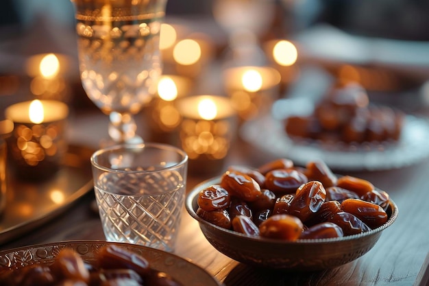 a bowl of dates and a glass of water on a table