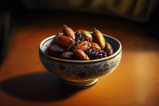 A bowl of dates is on a table.