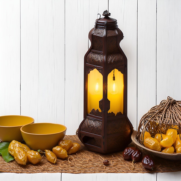 A bowl of dates sits next to a lantern with a bowl of fruit on the table.