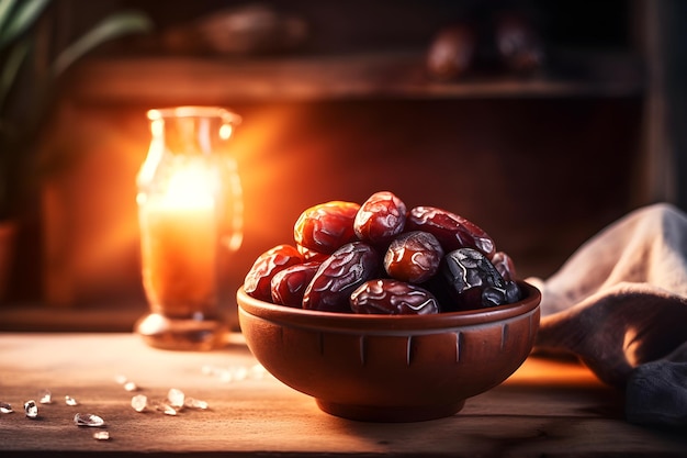 A bowl of dates sits on a table next to a candle.