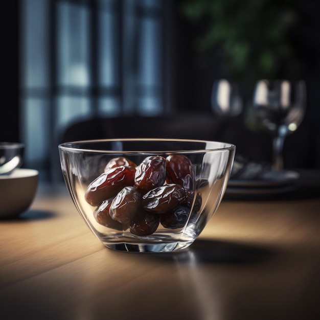 A bowl of dates sits on a table with a wine glass and a wine glass.