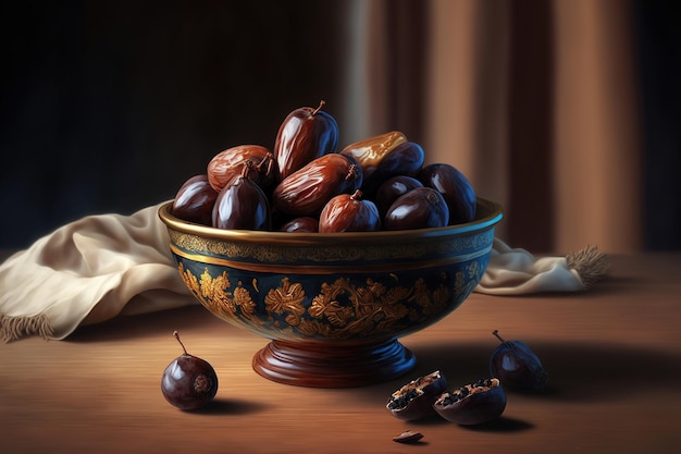 A bowl of dates with a blue and gold bowl on a table.