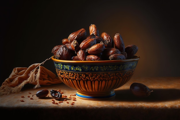 A bowl of dates with a few scattered nuts on the table.