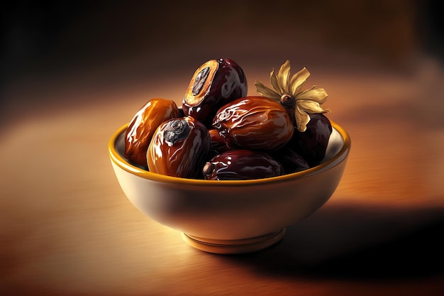 A bowl of dates with a flower on the side