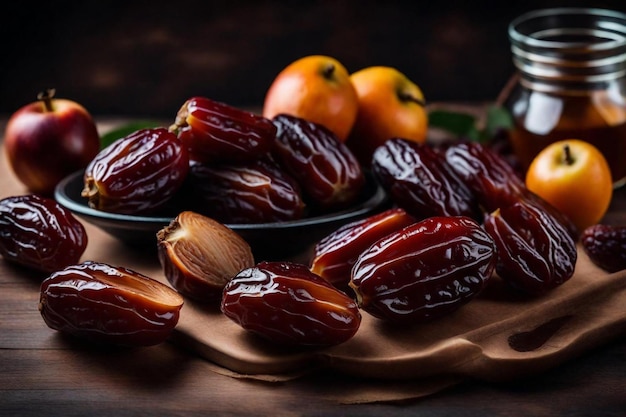 Photo a bowl of dates with a glass of water and a glass of the word lake on it