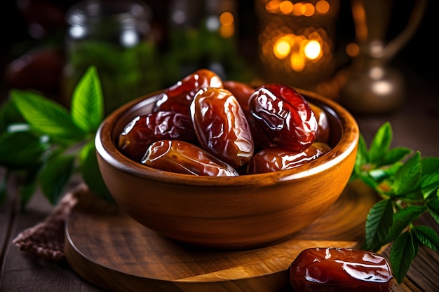A bowl of dates with a green leaf on the side