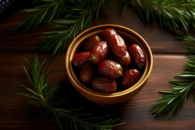 A bowl of dates with green leaves on a wooden table.