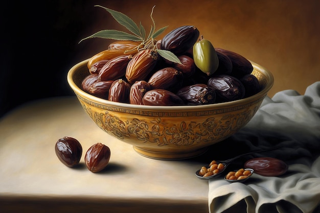 A bowl of dates with olives and a napkin on the table.