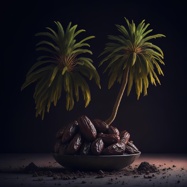 A bowl of dates with a palm tree in the middle