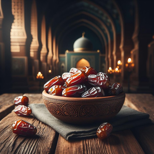 A bowl of dates on a wooden plank and dark blurred background of the mosque behind