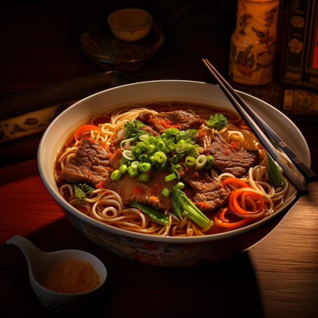 Bowl of delicious beef noodles with rich soup Ai generated art