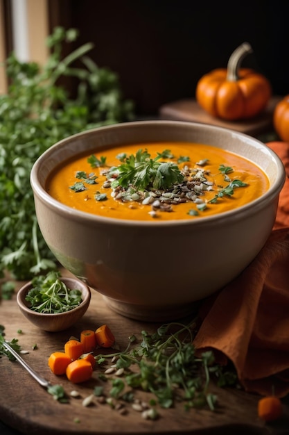 A bowl of delicious carrot soup topped with fresh parsley