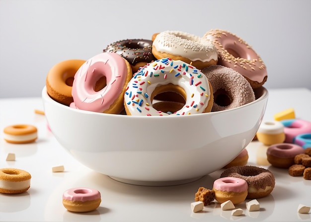 A bowl of delicious donuts on white background