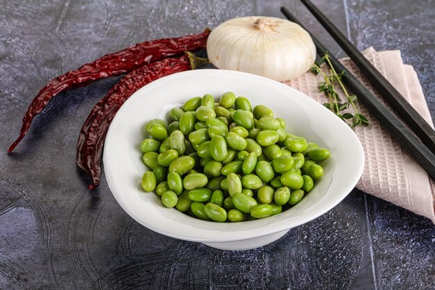 Bowl of delicious raw edamame beans