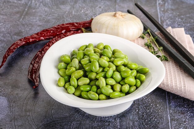 Bowl of delicious raw edamame beans