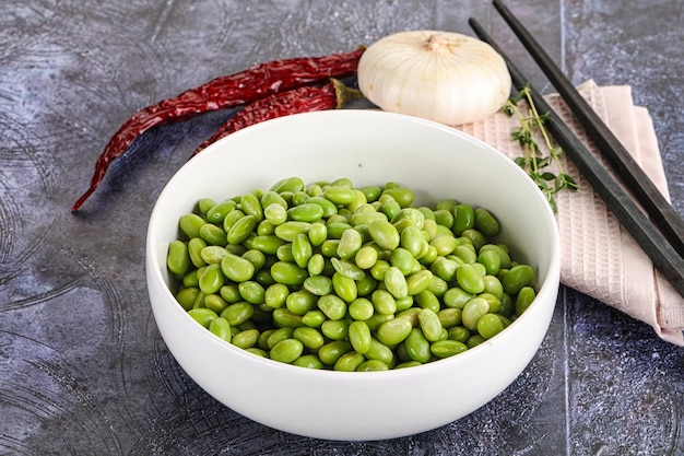 Bowl of delicious raw edamame beans