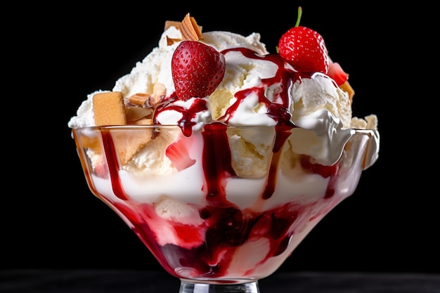 A bowl of delicious strawberry sundae isolated on black background