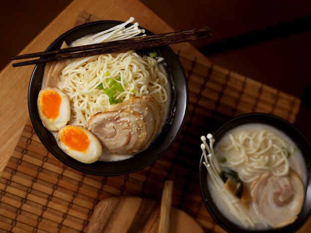 Bowl of delicious Tonkotsu ramen with pork