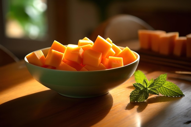 A bowl of diced fruit sits on a table next to a mint leaf.